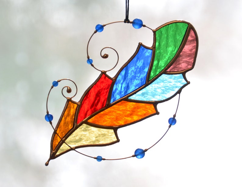 Stained Glass Suncatcher Rainbow Feather Suncatcher Stain Etsy