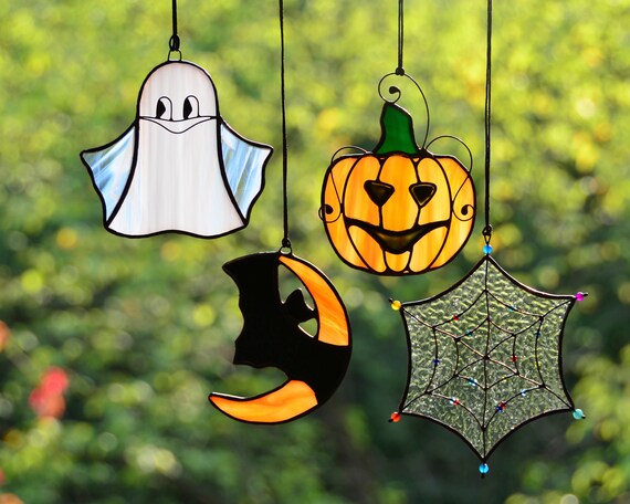Halloween Suncatcher Stained Glass Ghost Ornaments Window Etsy