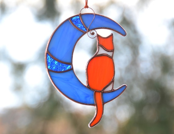 Stained glass cat on moon window hangings, orange cat suncatcher, gift for cat lover