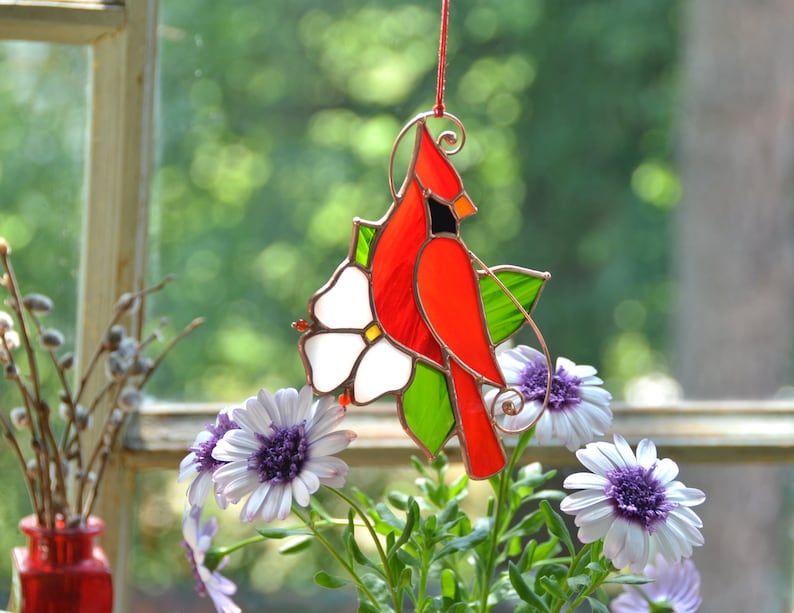 Stained glass cardinal ornament, Mother's Day gift, window hangings, memorial gift image 8