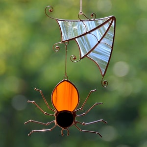 Stained glass Halloween suncatcher, window hanging spider web