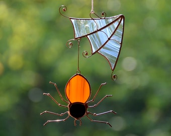 Stained glass Halloween suncatcher, window hanging spider web