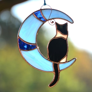 Stained glass cat on moon window hanging, tuxedo cat suncatcher, window hangings