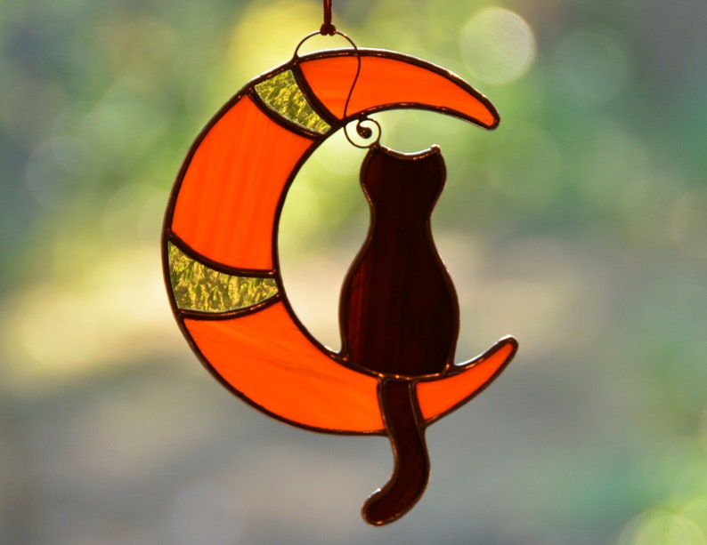 Stained glass cat on moon window hangings suncatcher, pet lost gift, gift for cat lover orange moon/dark cat