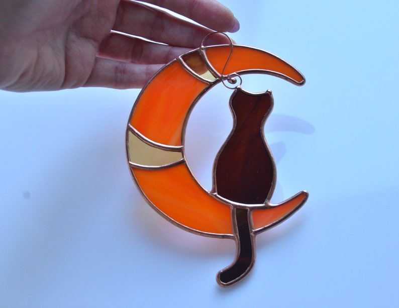 Stained glass black cat on the moon window hanging suncatcher Etsy