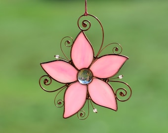Stained Glass Flower Suncatcher – Pink Window Hanging – Handmade Floral Decor – Summer Gift Idea