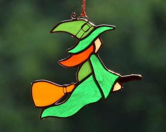Stained glass Halloween window hangings, witch suncatcher