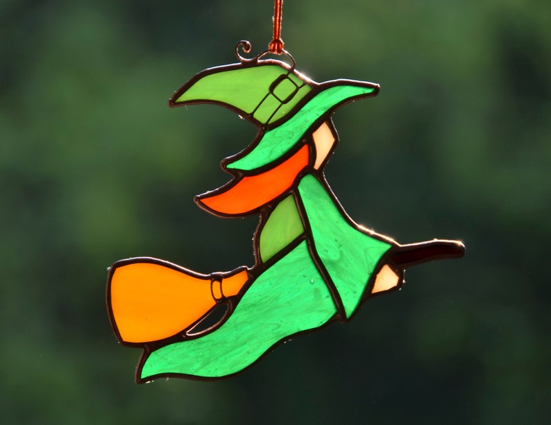 Stained glass Halloween window hangings, witch suncatcher image 1