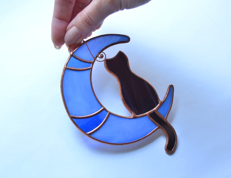 Stained glass cat on the moon window hanging suncatcher cat Etsy