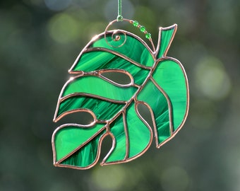 Stained glass monstera leaf suncatcher, stain glass plant, window hanging green leaves suncatcher