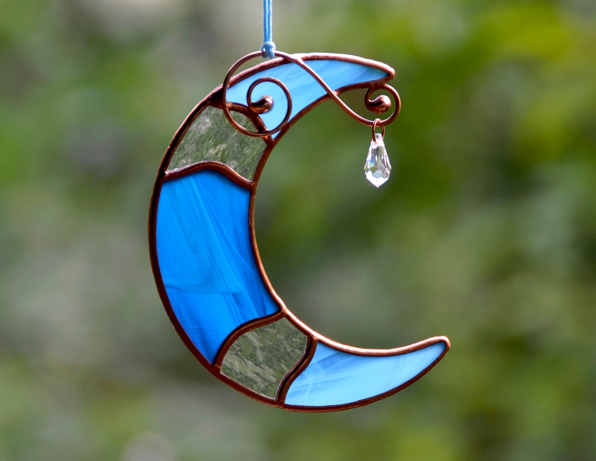 Stained Glass Suncatcher Blue Crescent Moon with Crystal Witchy Home Decor Glass Art