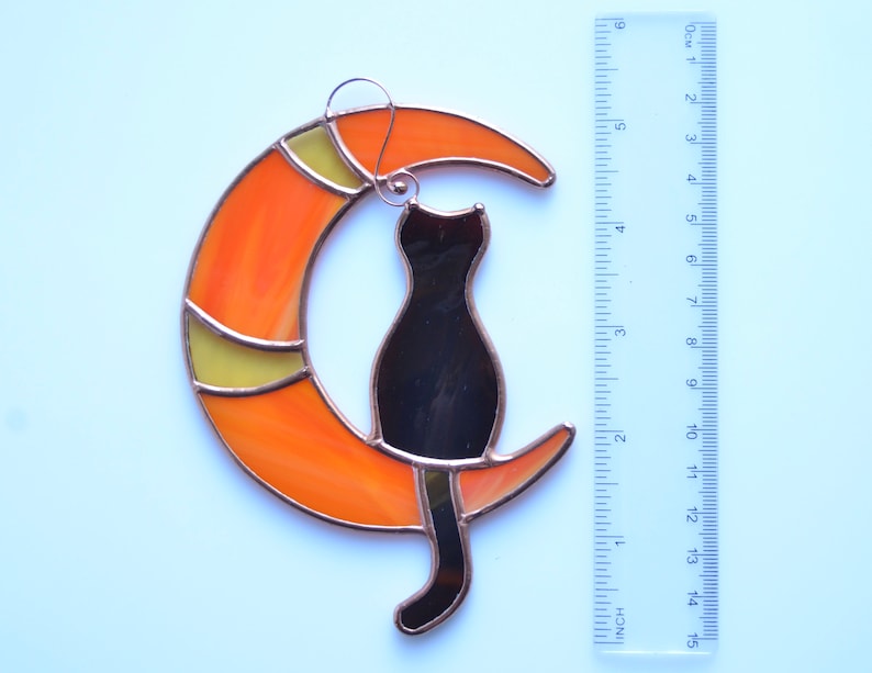 Stained glass cat on moon window hangings suncatcher, pet lost gift, gift for cat lover image 6