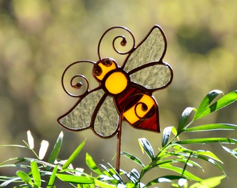 Honey bee stained glass stake, stained glass plant stake, bee pot ornament