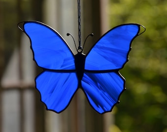 Stained glass butterfly suncatcher, window hangings glass morpho butterfly, blue housewarming gift