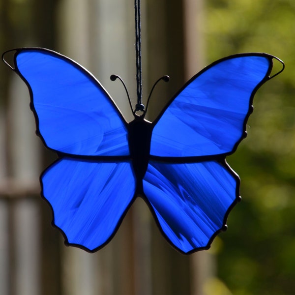 Stained glass butterfly suncatcher, window hangings glass morpho butterfly, blue housewarming gift