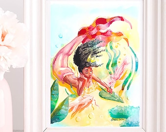 Wunderschöner schwarzer MEERJUNGFRAU-Kunstdruck, Aquarell, afroamerikanische Meerjungfrau, Schrift, Meer, Meerwasser, kreatives Schreiben