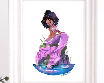 "Schwarze Meerjungfrau Kunstdruck: ""Solo Swim 2"" Illustration."