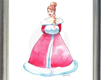 Christmas Holiday Fashion Illustration Print Watercolor art Brunette Hair Woman