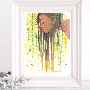 Beautiful BLACK woman Art Print, African American girl, watercolor, Afrocentric, locs, melanin, summer, nature, succulent