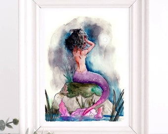 Beautiful Black MERMAID Art Print, African american mermaid, night sky, sea, ocean water, sexy, natural hair, purple mermaid,