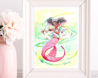 Schwarze Meerjungfrau Kunstdruck: Aquarell Illustration, Mädchens Zimmer Dekor