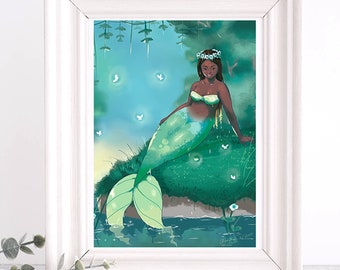 Wunderschöne schwarze Meerjungfrau Kunst Druck, plus size, afroamerikanische Meerjungfrau, Sexy, Sommer, tropisch, Dreadlocks