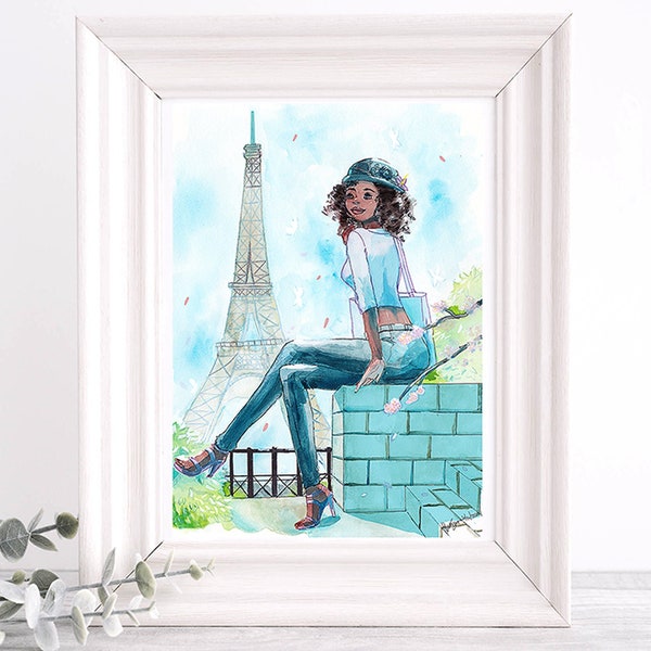 Beautiful BLACK woman Paris Art Print, African girl, Eiffel Tower, France Wall art, style, self love art, Fashion Art illustration, travel