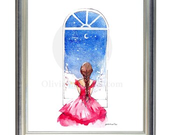 Christmas Night Holiday Snow stars Window Fashion Illustration Print Watercolor art Brunette Woman