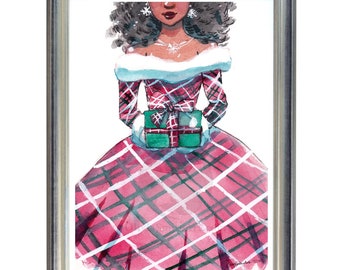 Black Woman Christmas Holiday Gift Dress Fashion Illustration Print Watercolor art Natural Hair