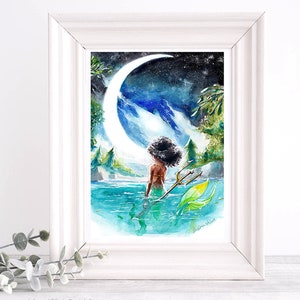 Beautiful Black MERMAID Art Print, African american mermaid, night sky, sea ocean water, sexy, natural hair, green mermaid, triton, Neptune