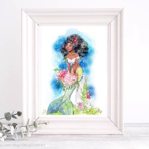Wunderschöne schwarze Meerjungfrau Art Print, afroamerikanische Meerjungfrau, Unterwasser, Meer, Ozeanwasser, sexy, Naturhaar, grün, Blumen, tropical,