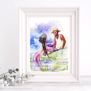 Beautiful Black MERMAID Art Print, African american couple, romance, black love, Watercolor painting, sea, sexy, black fisherman,