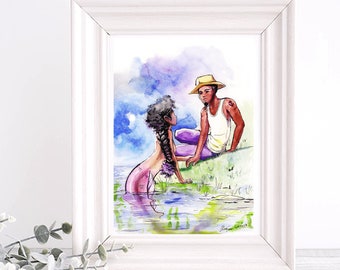 Beautiful Black MERMAID Art Print, African american couple, romance, black love, Watercolor painting, sea, sexy, black fisherman,