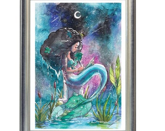 Impression d'art sirène noire : illustration aquarelle de Dream Writer