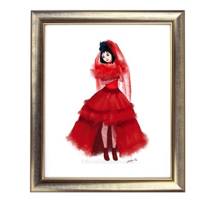 Lydia Deetz Inspired Illustration, Alternative Art Print for Gothic Halloween Decor, red wedding dress, bride, Inspired by beetlejuice