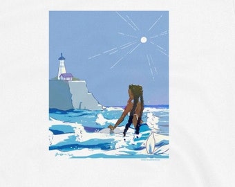 Gorgeous Black Mermaid digital painting Short-Sleeve Unisex T-Shirt, women, men white gray mermaid lighthouse beach waves blue