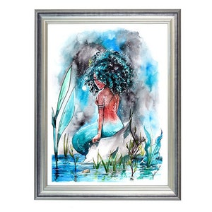 Schöne schwarze Meerjungfrau Art Print, afroamerikanische Meerjungfrau, Nachthimmel, Meer, Ozeanwasser, natürliches Haar, blaue Meerjungfrau,