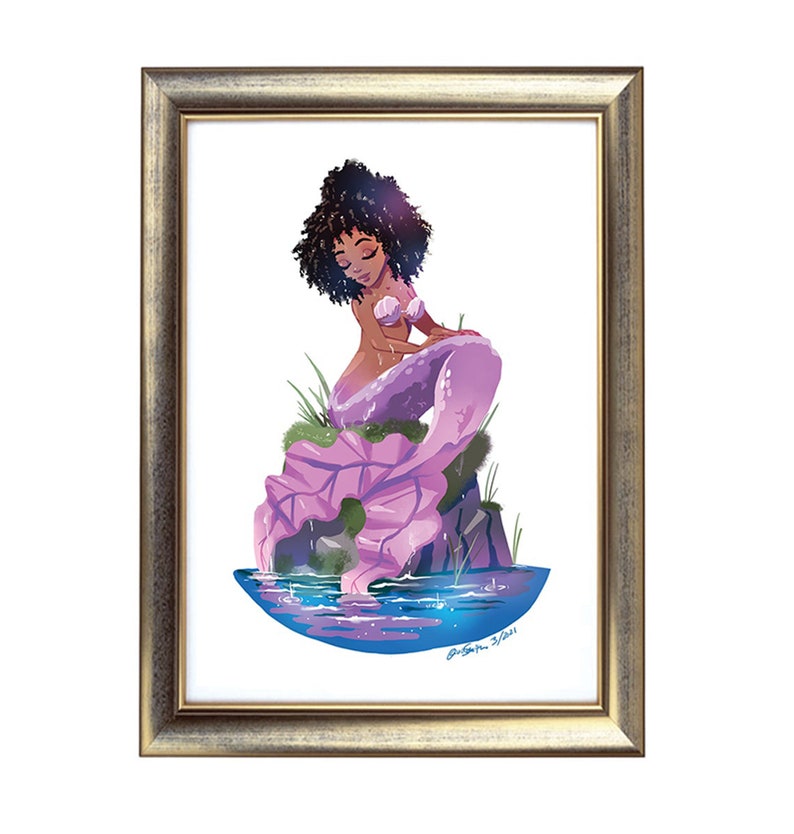 Beautiful Black MERMAID Art Print, African american mermaid, girl's room artwork, pink mermaid painting, olivia smith art, etsy mermaid image 4