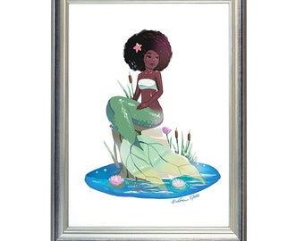Schöne schwarze Meerjungfrau Art Print, Afroamerikaner, Mädchenzimmer, dunkle Haut Mädchen Cartoon, Afro Meerjungfrau, Meerjungfrau, A6, Anime, 13x19