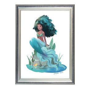 Schöne schwarze Meerjungfrau Kunstdruck, afroamerikanische Meerjungfrau, Meer, Ozeanwasser, natürliches Haar, Anime, Cartoon, Animation