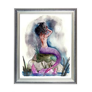 Schöne schwarze Meerjungfrau Kunstdruck, afroamerikanische Meerjungfrau, Nachthimmel, Meer, Ozeanwasser, sexy, natürliches Haar, lila Meerjungfrau,