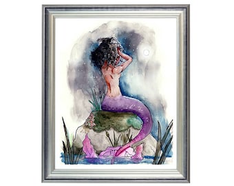 Impression d'art sirène noire : illustration aquarelle de baignade de nuit