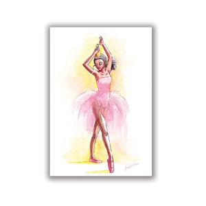 May include: Watercolor painting of a ballerina in a pink tutu and pointe shoes, wearing a crown. The dancer is posed with arms raised, set against a yellow and white background. The artwork is signed in the lower right corner.