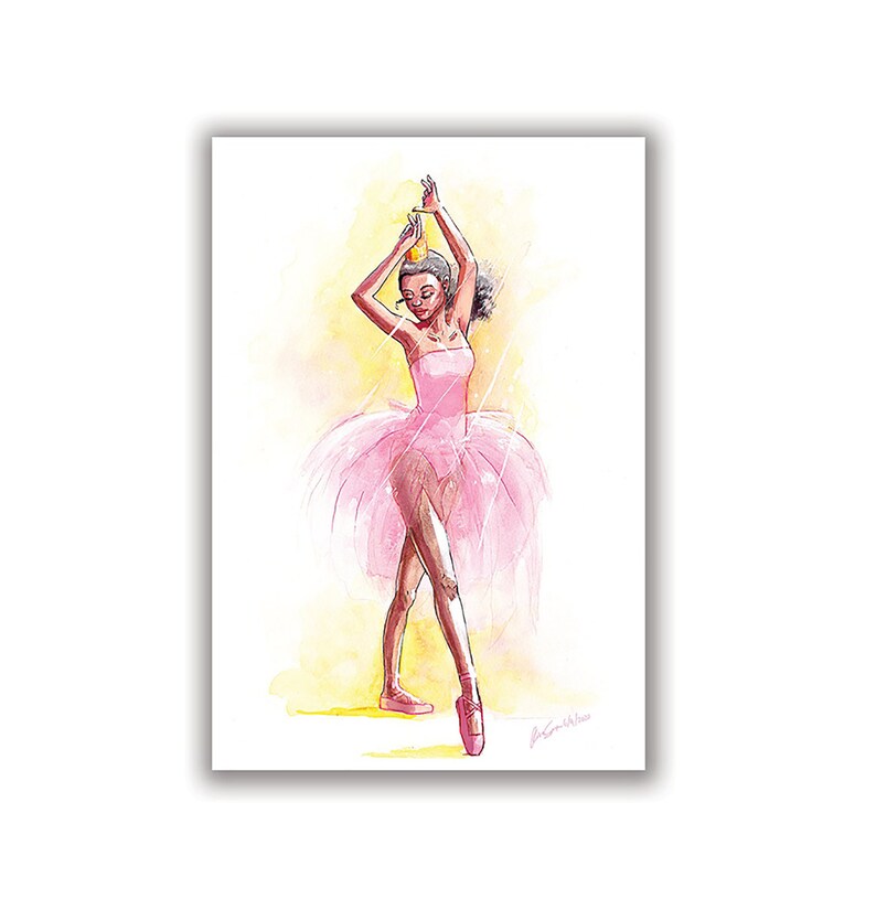 May include: Watercolor painting of a ballerina in a pink tutu and pointe shoes, wearing a crown. The dancer is posed with arms raised, set against a yellow and white background. The artwork is signed in the lower right corner.