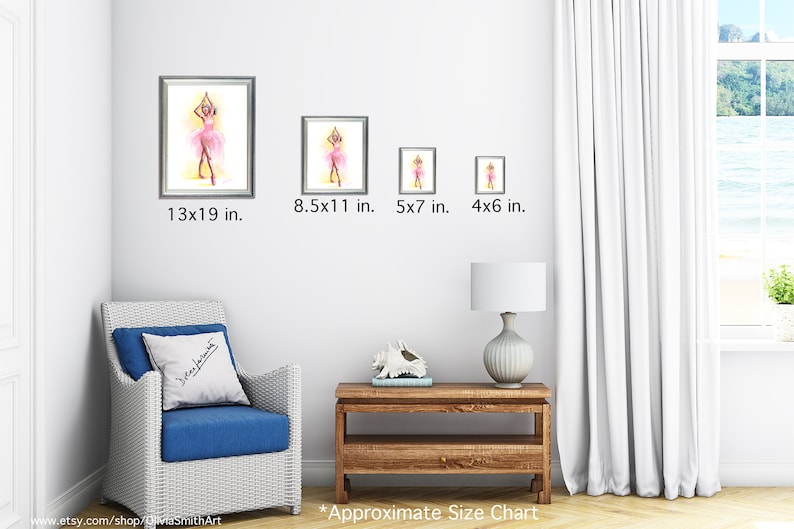 May include: Watercolor art prints of a ballerina in a pink tutu, displayed in various sizes: 13x19 in., 8.5x11 in., 5x7 in., and 4x6 in. The artwork is framed and hung on a white wall. The image includes a white wicker chair with a blue cushion and a wooden side table. The text reads "Approximate Size Chart".