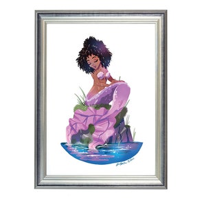 Beautiful Black MERMAID Art Print, African american mermaid, girl's room artwork, pink mermaid painting, olivia smith art, etsy mermaid image 2