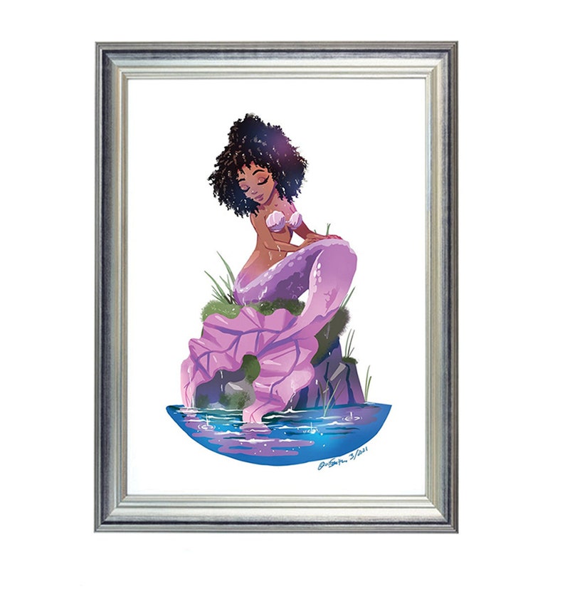 Beautiful Black MERMAID Art Print, African american mermaid, girl's room artwork, pink mermaid painting, olivia smith art, etsy mermaid image 2