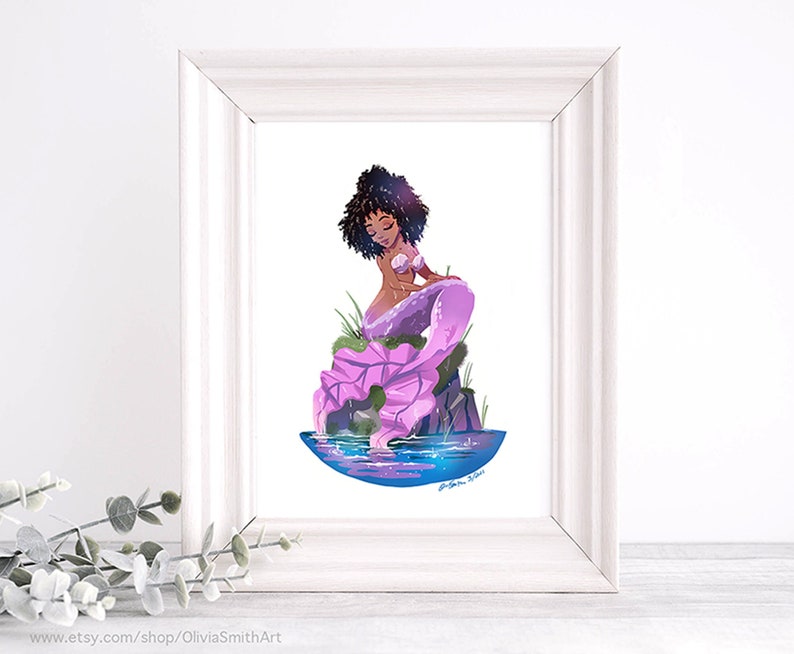Beautiful Black MERMAID Art Print, African american mermaid, girl's room artwork, pink mermaid painting, olivia smith art, etsy mermaid image 1