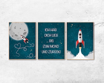 A4 Print | 3er Set | Kinderzimmer | Bis zum Mond.. | Illustration Weltraum