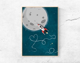 A4 Print | Mondrakete | Kinderzimmer | Illustration Rakete